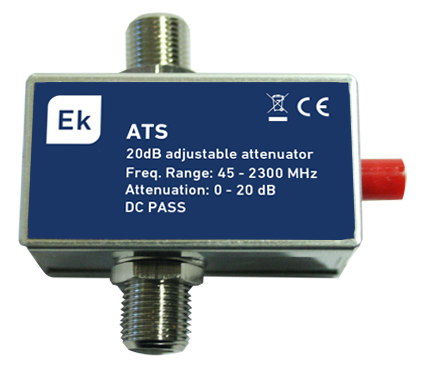 Atenuador variable con conector F. Frecuencia: 45-2300MHz. Margen de atenuacin: 0-20dB. Con paso decorriente DC